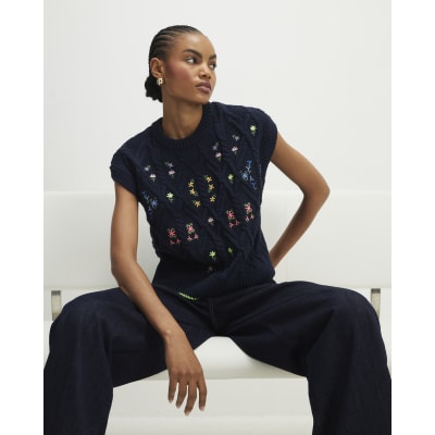 Navy Floral Embroidered Knit Tank Top