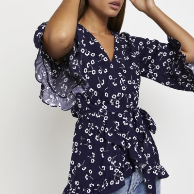 Navy floral frill wrap top