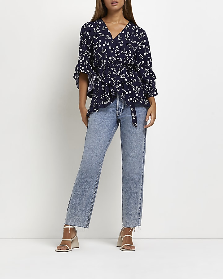 Navy floral frill wrap top