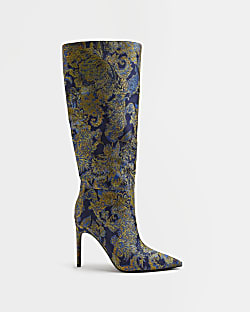 Navy floral jacquard heeled knee high boots