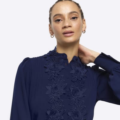 Navy floral long sleeve blouse | River Island
