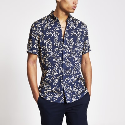 Navy floral print slim fit shirt | River Island