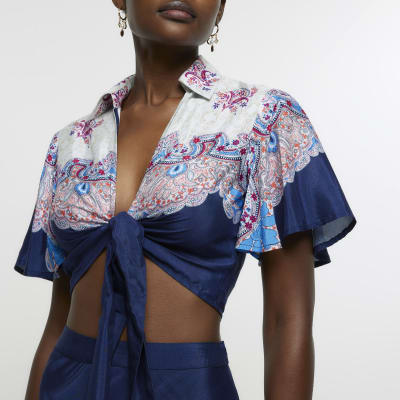 Navy floral tie front crop blouse