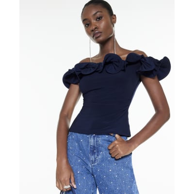 Navy Frill Bardot Top