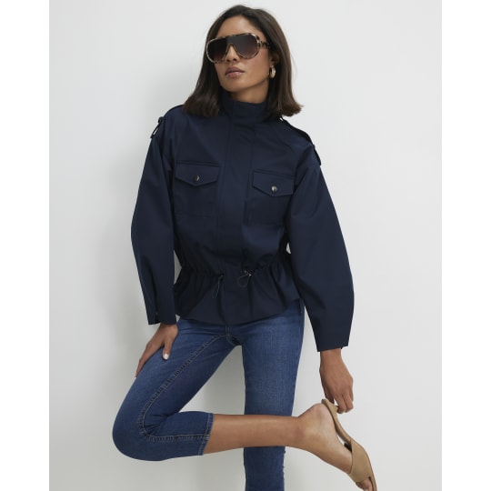 River Island Navy Funnel Neck Tie Waist Bomber Jacket