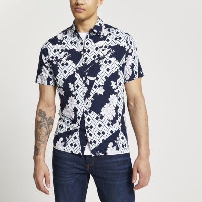 Navy geometric floral print revere shirt