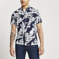 Navy geometric floral print revere shirt