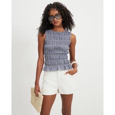 Gingham Sleeveless Shirred Tank Top