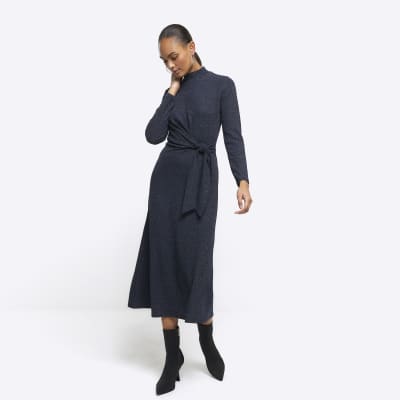 Navy glitter knot bodycon midi dress River Island