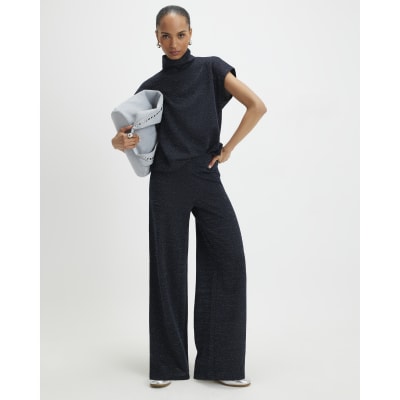 Navy Glitter Wide Leg Trousers