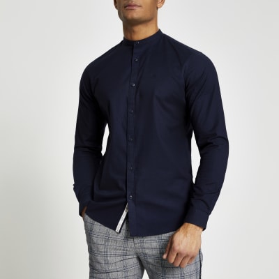 Navy grandad collar muscle fit Oxford shirt | River Island
