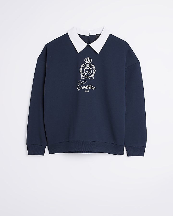 Navy graphic print collared sweatshirt