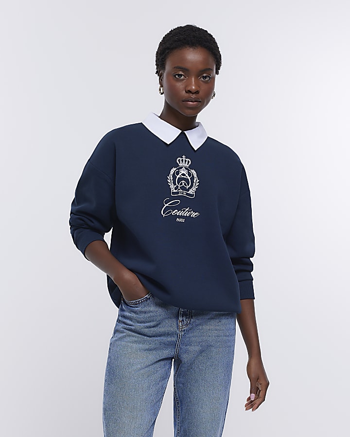 Navy graphic print collared sweatshirt
