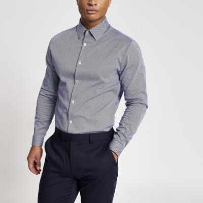Navy herringbone long sleeve slim fit shirt River Island