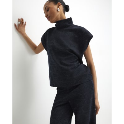 Navy High Neck Glitter Top