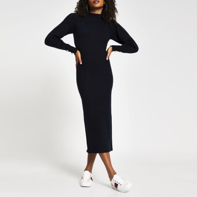 Navy High Neck Long Sleeve Midi Bodycon Dress River Island