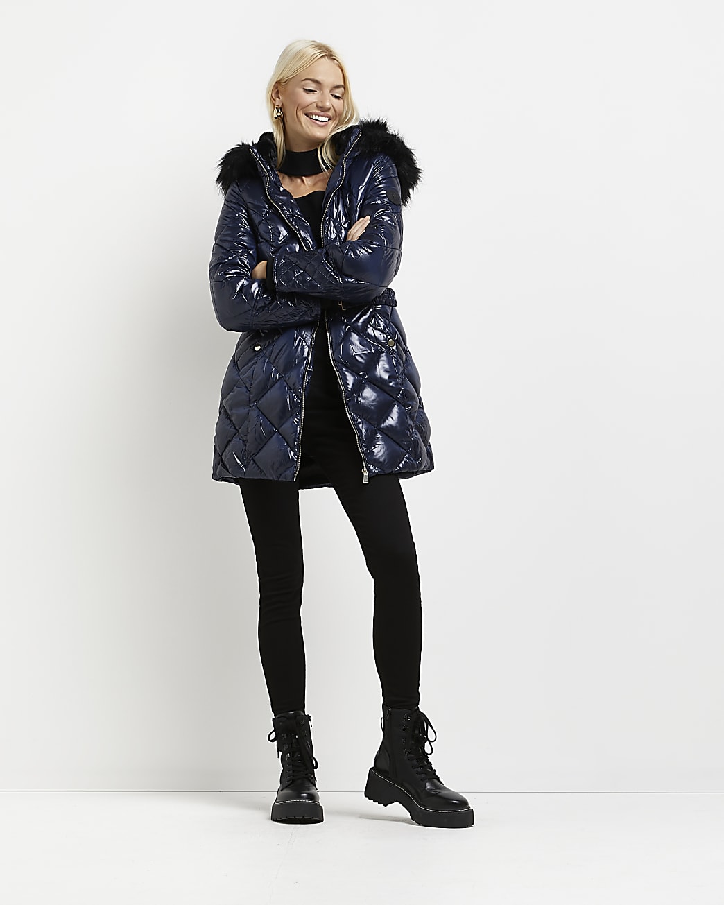 Navy high shine faux fur trim quilted coat