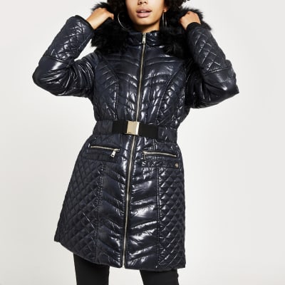 river island black high shine padded faux fur trim jacket