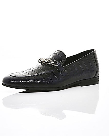 360 degree animation of product Navy high shine leather croc embossed loafers frame-0