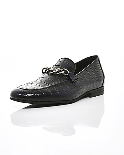 360 degree animation of product Navy high shine leather croc embossed loafers frame-1