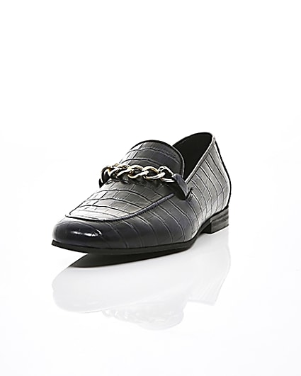 360 degree animation of product Navy high shine leather croc embossed loafers frame-2
