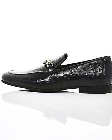 360 degree animation of product Navy high shine leather croc embossed loafers frame-21