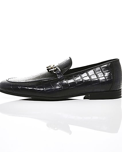 360 degree animation of product Navy high shine leather croc embossed loafers frame-22