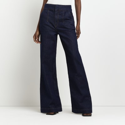 Navy high waist wide leg jeans River Island