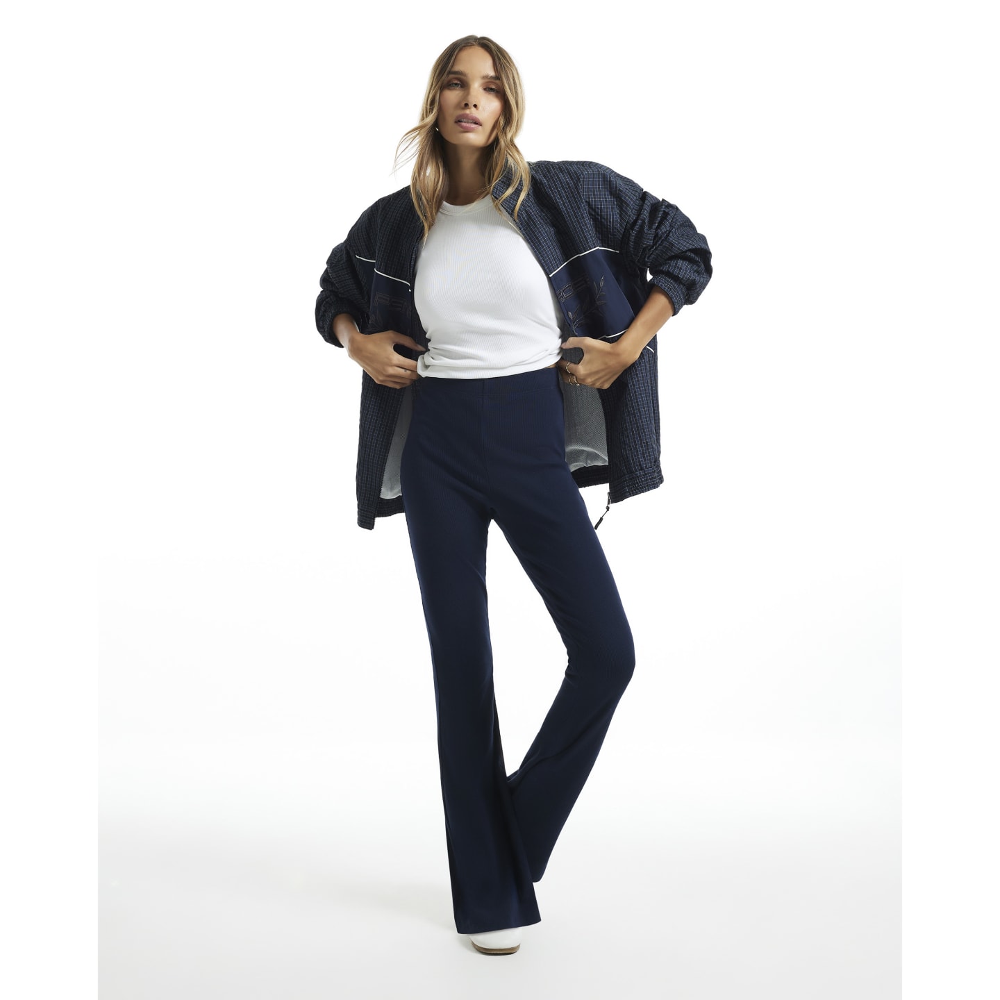 River Island Navy High Waisted Ribbed Flare Leggings — photo 1 of 1