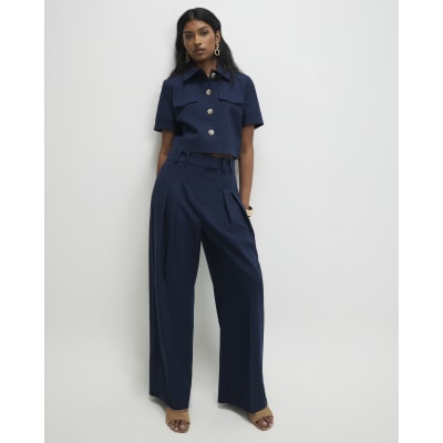 Navy High Waisted Wide Leg Trousers