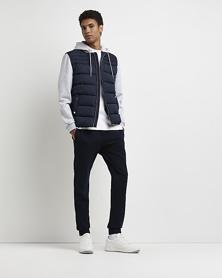 Navy hooded hybrid quilted jacket