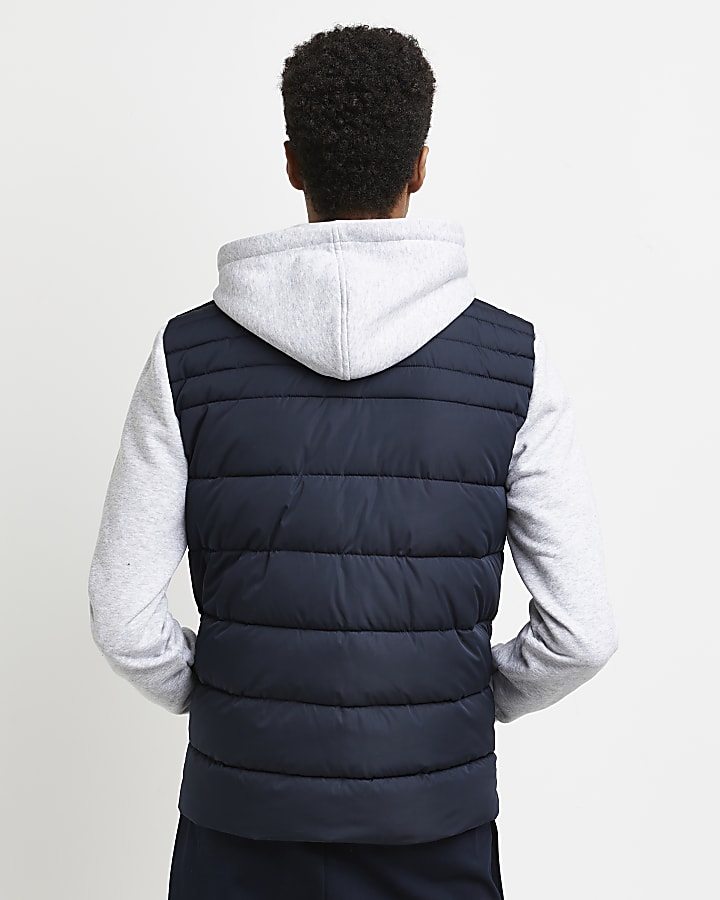 Navy hooded hybrid quilted jacket