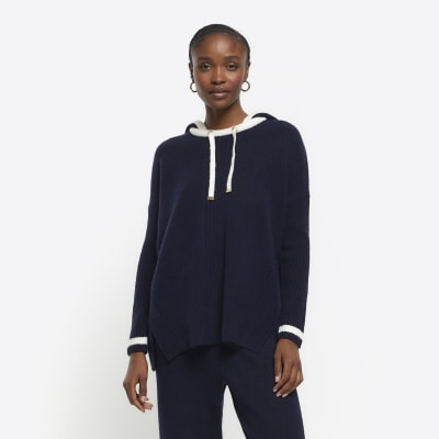 Navy hooded jumper River Island