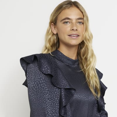 Navy jacquard frill shift mini dress River Island