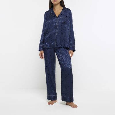 Navy jacquard star pyjama shirt River Island