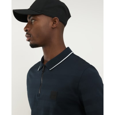 Navy Jacquard Stripe Slim Fit Polo Shirt