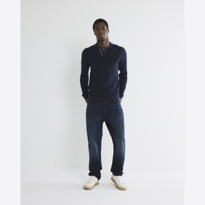 Navy Knit Long Sleeve Polo Shirt River Island