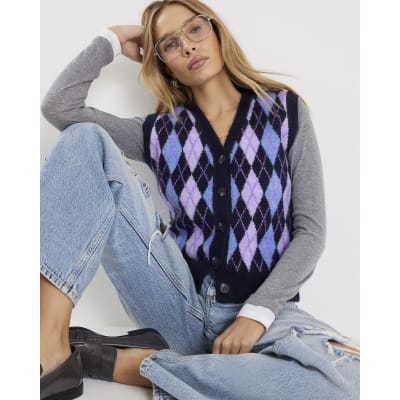 Argyle Pattern Knit Tunic Navy Blue NKNIT mix argyle pattern KNIT