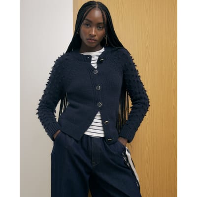 Navy Knitted Bobble Sleeve Cardigan