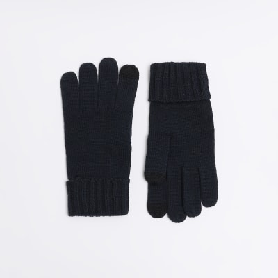 Navy knitted gloves River Island