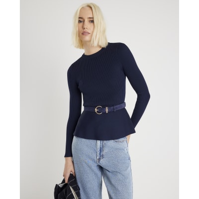 Navy Knitted Long Sleeve Belted Peplum Top