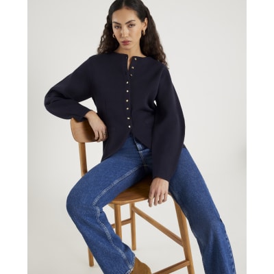 Navy Knitted Long Sleeve Structured Cardigan