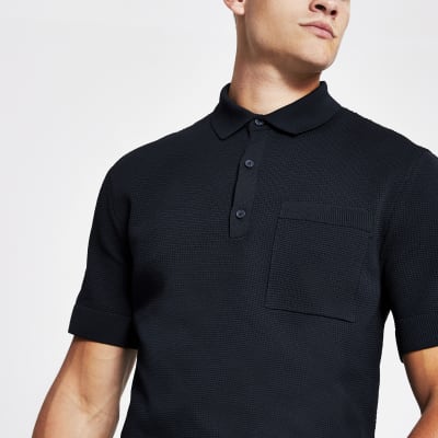 Navy knitted polo shirt | River Island