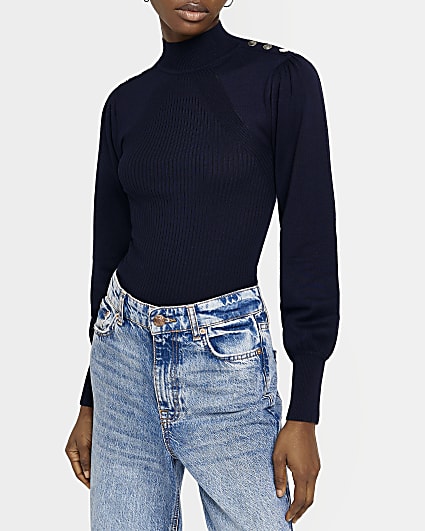 Navy knitted puff sleeve jumper