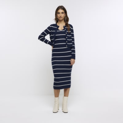 Navy knitted stripe bodycon midi dress set