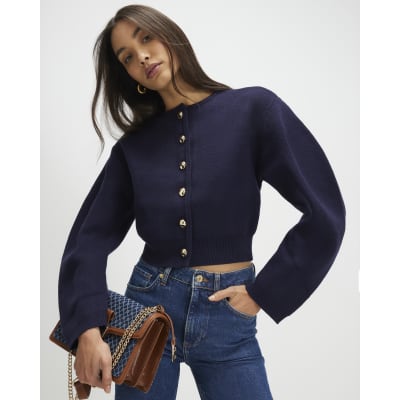 Navy Knitted Structured Sleeve Cardigan