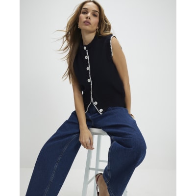 Navy Knitted Tie Neck Waistcoat