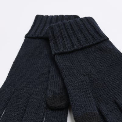 Navy knitted touch screen gloves River Island