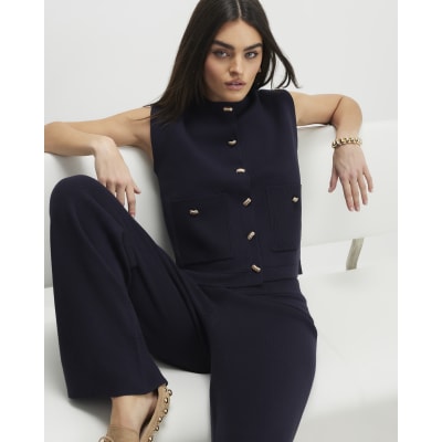 Navy knitted wide leg trousers