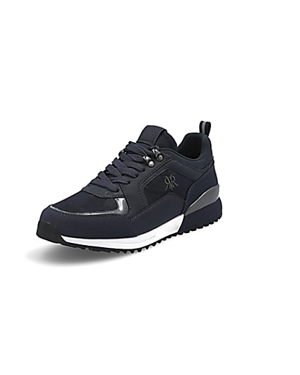 360 degree animation of product Navy lace-up runner trainers frame-0